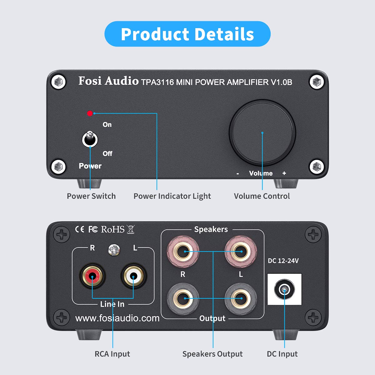 Fosi Audio V1.0B Altavoz Amplificador Estéreo 50W x 2, Amplificador de Audio de 2 Canales Mini HiFi Clase D Integrado TPA3116 con Fuente de Alimentación de 19V, 4.74A
