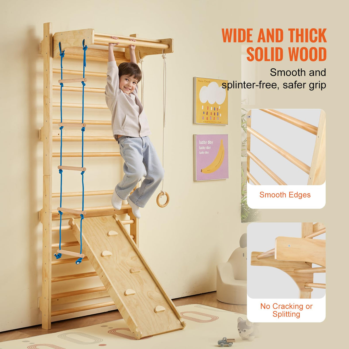 VEVOR 5 en 1 Juguetes de Escalada de Madera, Carga de 99,8 kg, Escalera Sueca de Pared con Barra de Dominadas, Anillos de Gimnasio, Escalera de Cuerda, Escalera de Pared, Tablero Deslizante