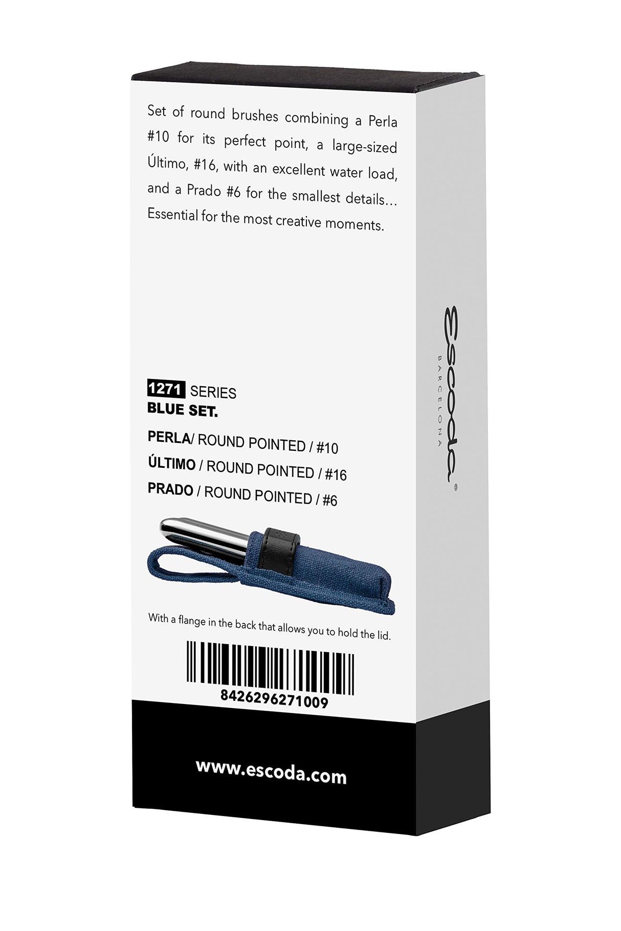 ESCODA Set 3 Pinceles Acuarela - Blue Set Viaje N.6,10,16 Redondo Punta Pelo Sintético Serie Prado Perla Último Estuche Tela Profesional Fabricado a Mano en España.