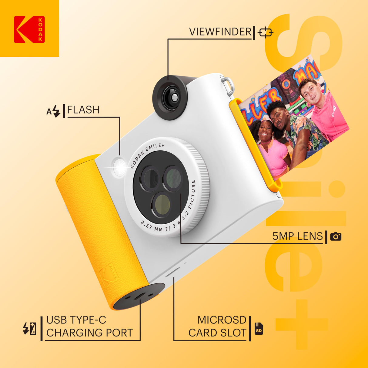 KODAK Smile+ - Paquete de iniciación de cámara instantánea Digital e Impresora fotográfica 2 en 1, Funda de Lujo + Papel Zink 20 Unidades, 10 MP, Lente giratoria, Color Blanco