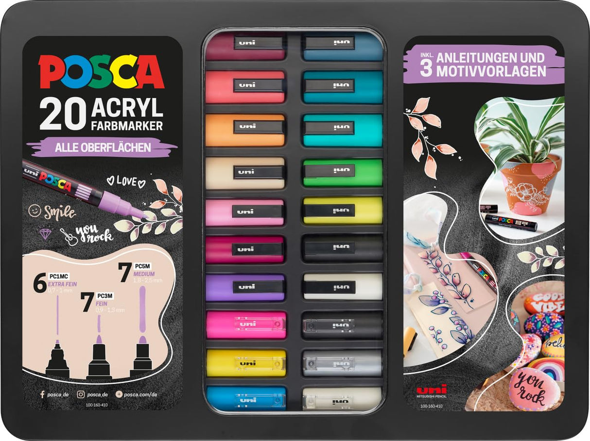 Faber-Castell uni-ball 186829 - Juego de marcadores POSCA, estuche de 20, incl. instrucciones para 3 proyectos DIY