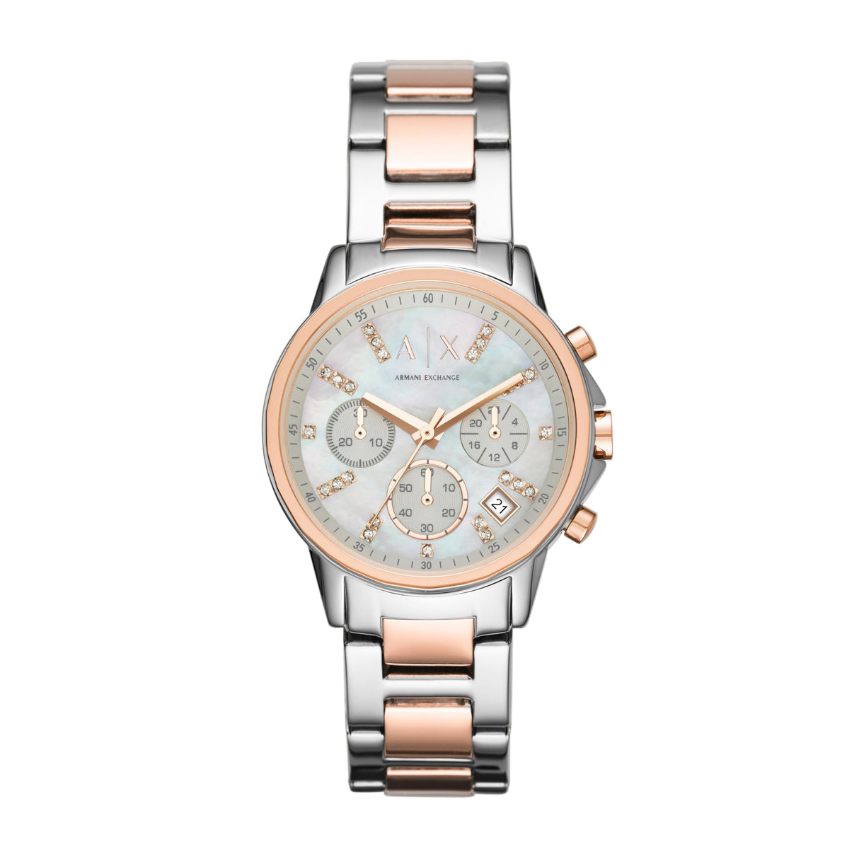 Armani Exchange Orologio da donna, Movimento cronografo al quarzo e cassa da 36 mm con cinturino in acciaio inossidabile, Tono plateado y tono oro rosa