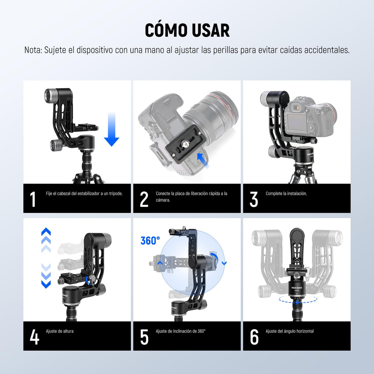 NEEWER GM102 Cabezal Gimbal para Trípode Monópode Teleobjetivos, 360° Cabezal Trípode Cámara Panorámica, Ajuste 3 Ejes, Aleación Aluminio CNC Resistente, Liberación Rápida Tipo Arca, Carga Máx 15kg