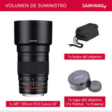 Samyang 135 mm F2.0 para Canon EF - Teleobjetivo de fotograma completo y distancia focal fija APS-C para cámara Canon EF/ EF-S, enfoque manual, para Canon EOS-1D X Mark III, 6D Mark II, 5D Mark IV