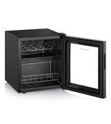 SEVERIN WKS 8907 Vinoteca para 15 Botellas, 46 L, Temperatura: 5° y 18°C, Nivel Ruido 43 dB(A), Puerta de Cristal con Marco de Plástico y 2 Rstantes Cromados, 1 de Ellos Regulable en Altura, Negro