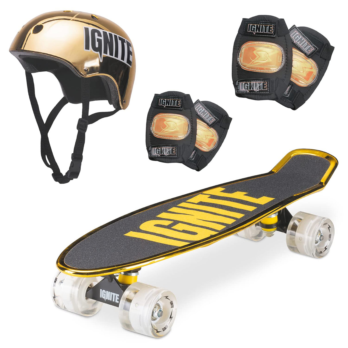 MONDO Toys-Chroma Gold Combo Pack-Monopatín Flash LED Ruedas | Casco & Protections Included – 25568 Street Ignite Poliuretano-Skate Protecciones oro-25568, tamaño único, Color, 55 x 15