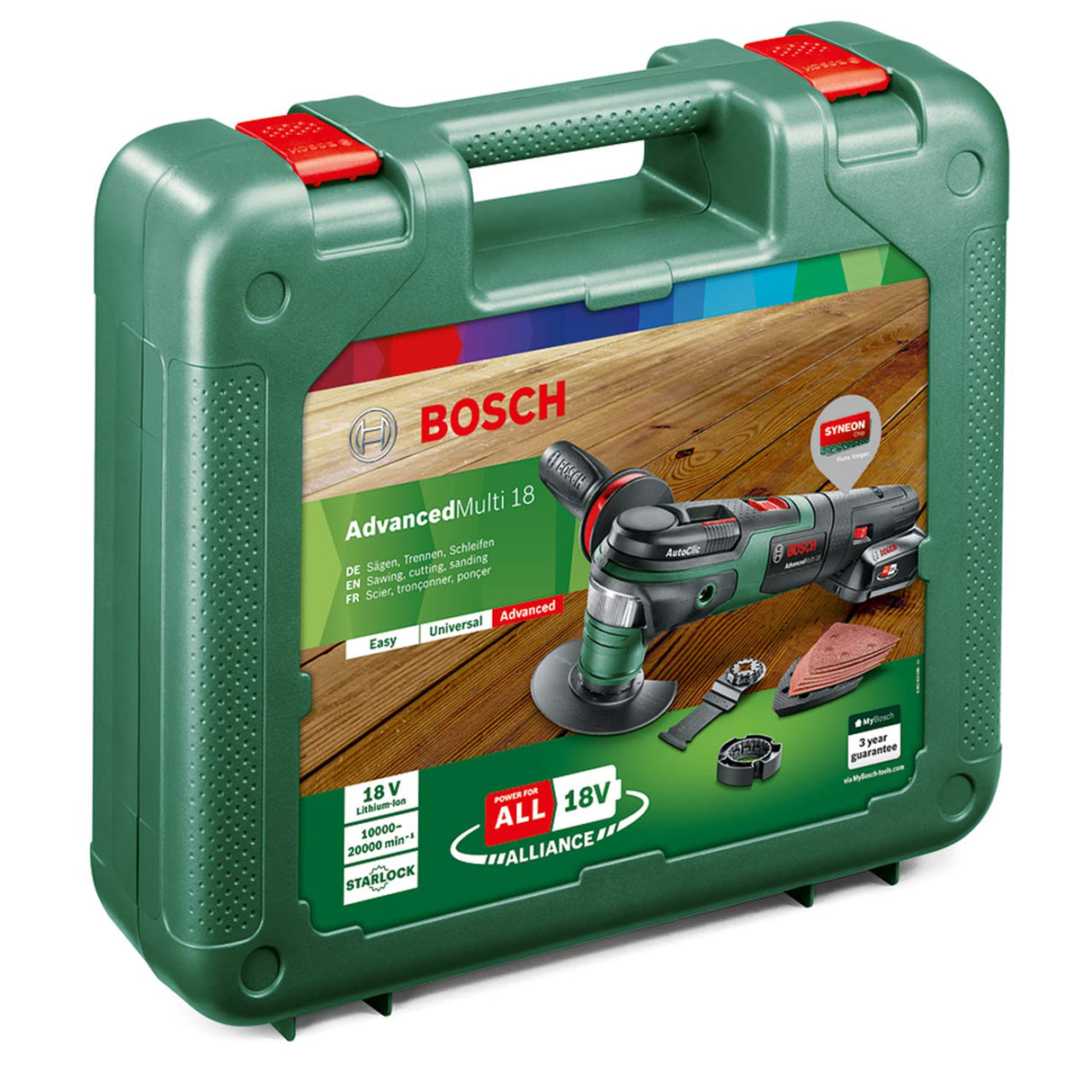 Bosch AdvancedMulti 18 - Multiherramienta a batería con maletín (1 batería 18V, cargador, plato lijador delta, set de hojas de lija, 2x hojas de sierra, empuñadura adicional, Sistema 18 V, 2,5 Ah)