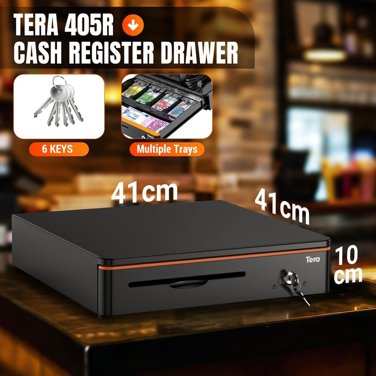 Tera Cajón Portamonedas Automático 16 Pulgadas para POS: 5 Compartimentos para Billetes, 8 para Monedas, Bandeja Extraíble, Cerradura con Llave, Microinterruptor, Negro para Tienda y Caja 405R
