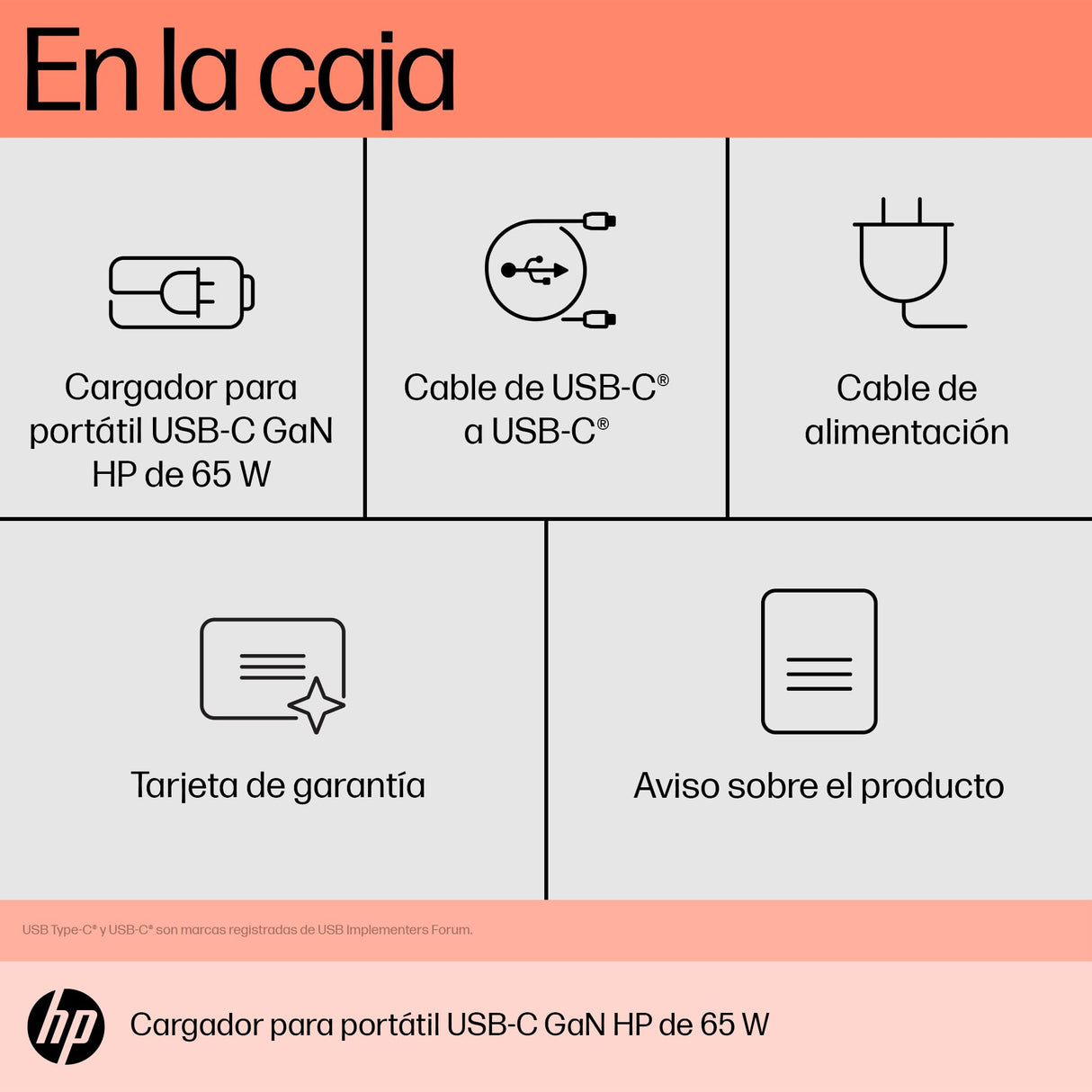 HP Cargador para portátil USB-C GAN de 65 W (Tamaño Compacto, Carga Rápida, Dos Puertos USB-C) Negro