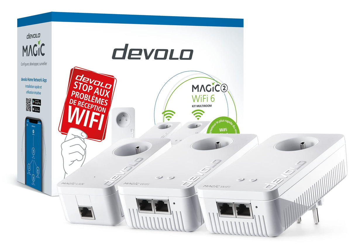 devolo Kit multihabitación Magic 2 WiFi 6 (ax): 3 adaptadores WiFi PLC, enchufe Gigogne (2400 Mbits, malla, 5 puertos Gigabit Ethernet) ideal para teletrabajo y streaming, enchufe francés