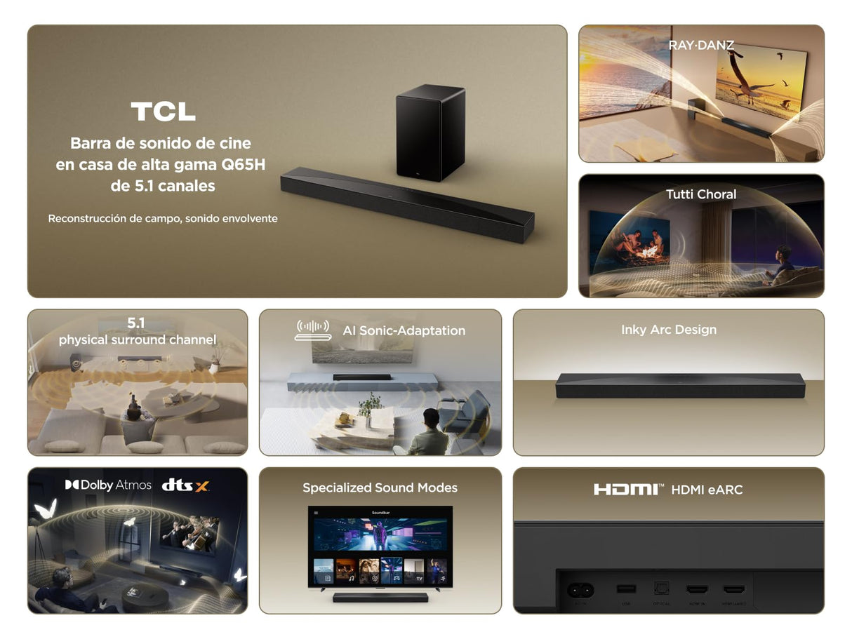 TCL Barra de Sonido Q65H 5.1 Canales para TV, 580 vatios, Cine en casa, Sonido Cine Envolvente, expansión de Sonido, Dolby Atmos, DTS:X, Bluetooth 5.3, HDMI eARC, Mando a Distancia único, USB