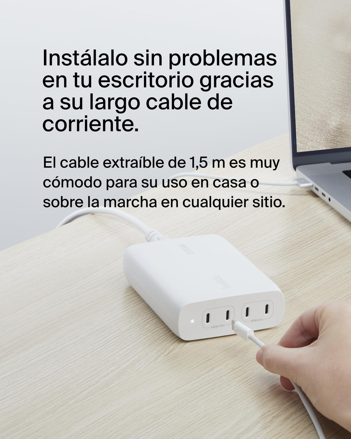Belkin Cargador de Pared USB-C GAN con 4 Puertos BoostCharge Pro, multipuerto con USB-C PD 3.1, Carga rápida, Cable de 1,5 m, MacBook Pro, Serie iPhone 15, iPad Pro, Galaxy S24, Google Pixel y Otros