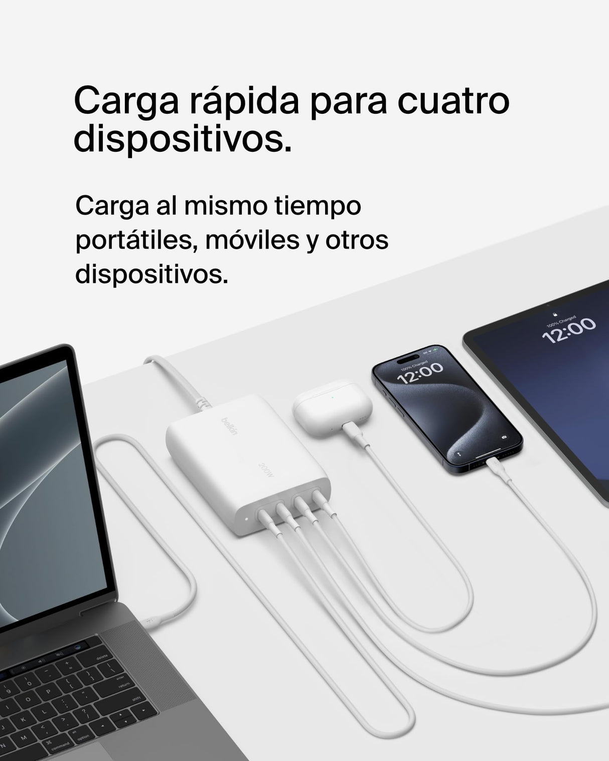 Belkin Cargador de Pared USB-C GAN con 4 Puertos BoostCharge Pro, multipuerto con USB-C PD 3.1, Carga rápida, Cable de 1,5 m, MacBook Pro, Serie iPhone 15, iPad Pro, Galaxy S24, Google Pixel y Otros