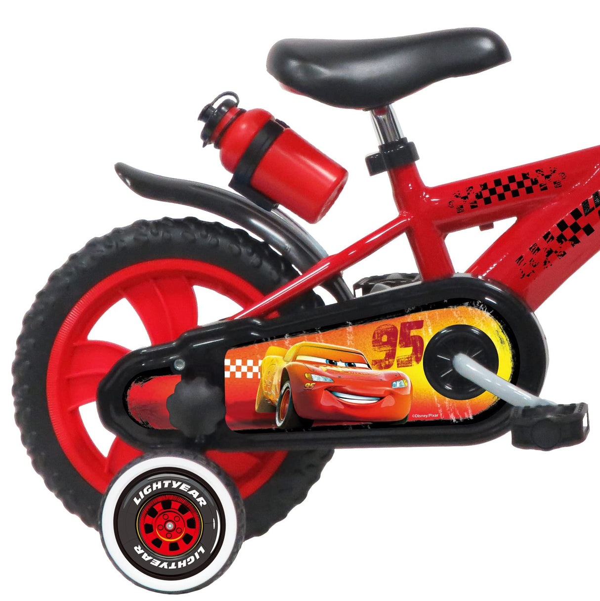 A.T.L.A.S. Bicicleta de 12'' Spiderman Equipada con 1 Freno, Placa Delantera Decorativa, Guardabarros, cárter y estabilizadores Cars niño, Rojo
