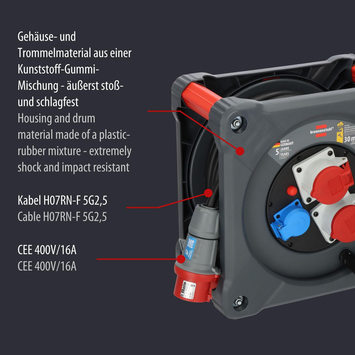 Brennenstuhl Carrete de cable de construcción profesional KD 3200 C7 con enchufe CEE, 2 enchufes CEE y 1 toma de corriente con conexión a tierra (cable de 30 m en negro, exterior permanente, fabricado