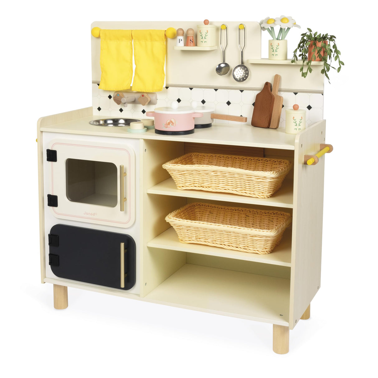 Janod - Gran Cocina Infantil de Madera - Equipada con 2 Hornos, Fregadero y 16 Accesorios Incluidos - Botones Sonoros Giratorios - Juguete de Imitación y Aprendizaje Temprano - A Partir de 2 años