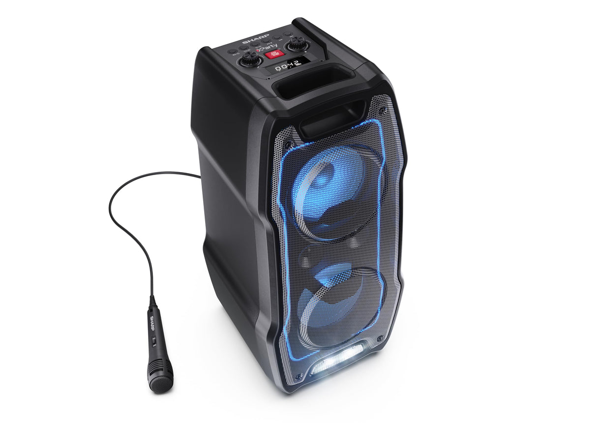 SHARP PS-931 Party Speaker, microfono, TWS, Bluetooth, 2 x USB, 2 puertos 6,3 mm para microfono y guitarra, luces multicolor, 180W p. maxima, bateria litio integrada con hasta 13 horas de reproduccion