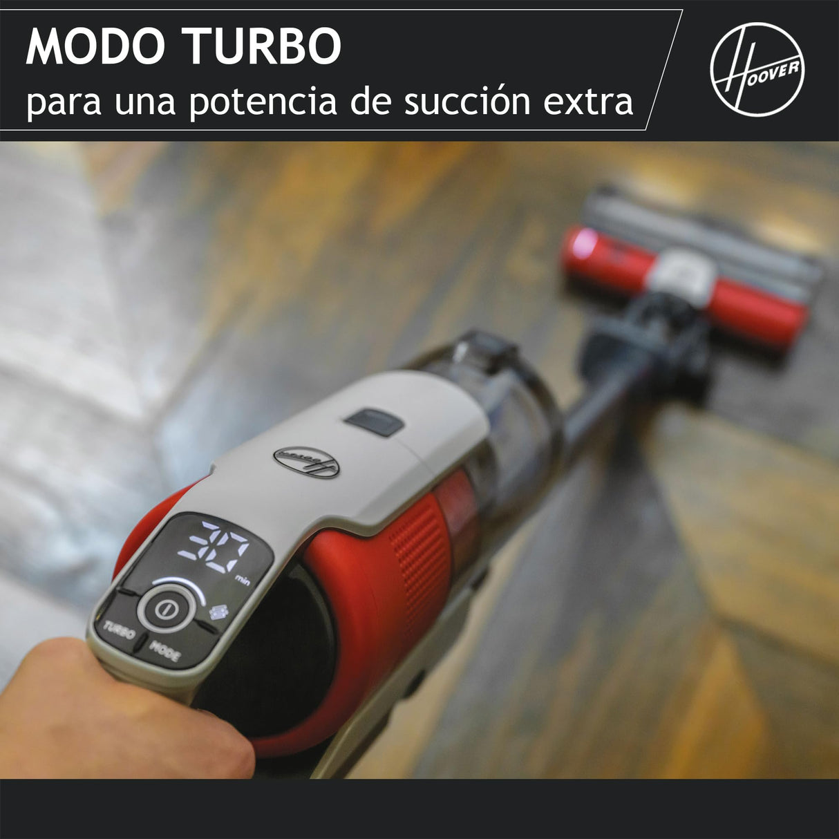 Hoover HF9 Home HF910H, Aspiradora Escoba sin Cable, sin Bolsa, 3 en 1, Escoba, de Mano y Vertical, Cepillo Antienredos, Autonomía 30 min, Color Gris/Rojo