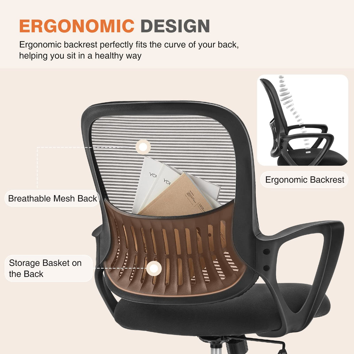 Sweetcrispy Silla de Oficina ergonómica, de Escritorio con Soporte Lumbar, reposabrazos Ajustables, Regulable en Altura, Adecuada para Dormitorio