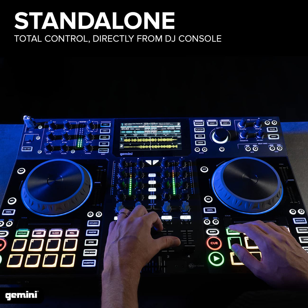 Gemini Sound SDJ-4000 DJ Equipment Console Table con 2 cubiertas, mezclador de audio de 4 canales, ruedas táctiles compatibles y pantalla HD de 7 pulgadas