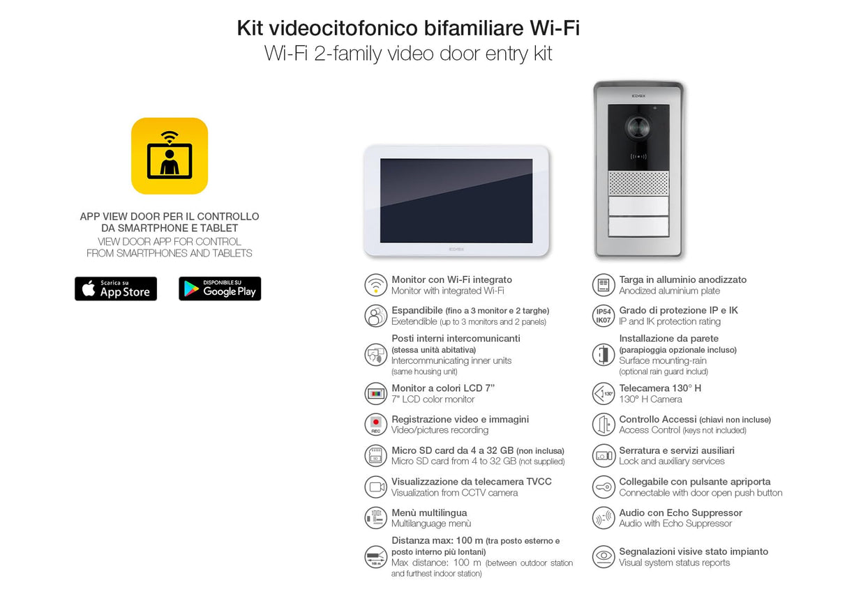 Vimar K42946 Kit de videoportero smart con 2 videoporteros Wi-Fi con pantalla táctil, placa audio/vídeo con lector RFID, alimentadores con clavijas intercambiables, distribuidor bus