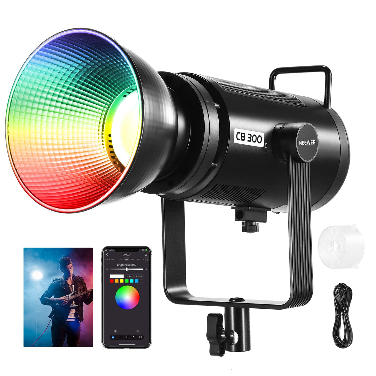 NEEWER Luz Vídeo LED 300W con Reflector, Montaje Bowens, 155000Lux/1m 5600K COB Iluminación Continua CRI97+/TLCI97+ Foco Estudio Regulable, App/2,4G/Control Integrado para Grabación Películas, CB300C