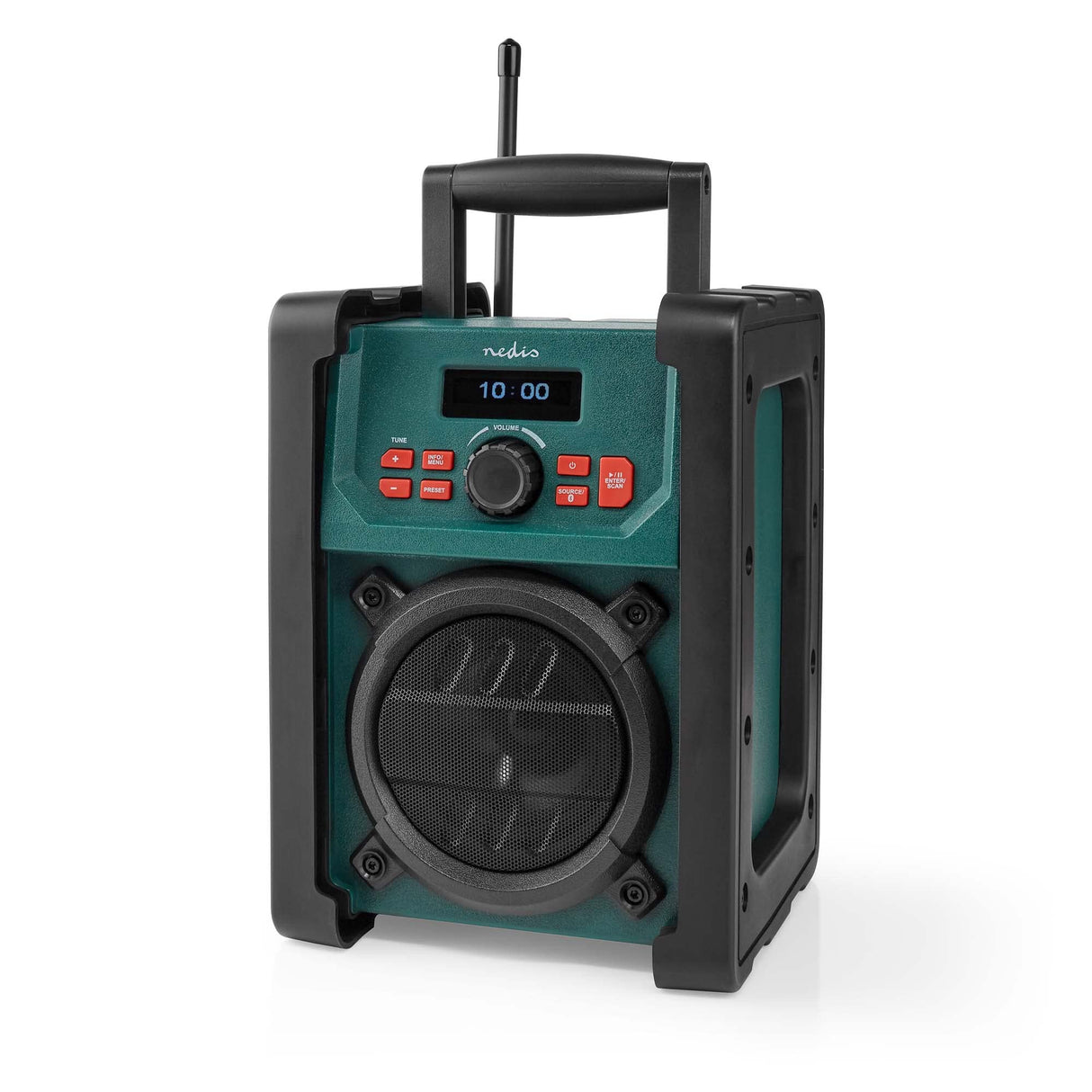 Nedis Dab + Radio | Mesa de ejecución | Dab+ / FM | 2.2" | Monitor Blanco | Funciona con Pilas/Fuente de alimentación de Red | Digital | 15 W | Bluetooth | Despertador | IP65 | Asa de Transporte |