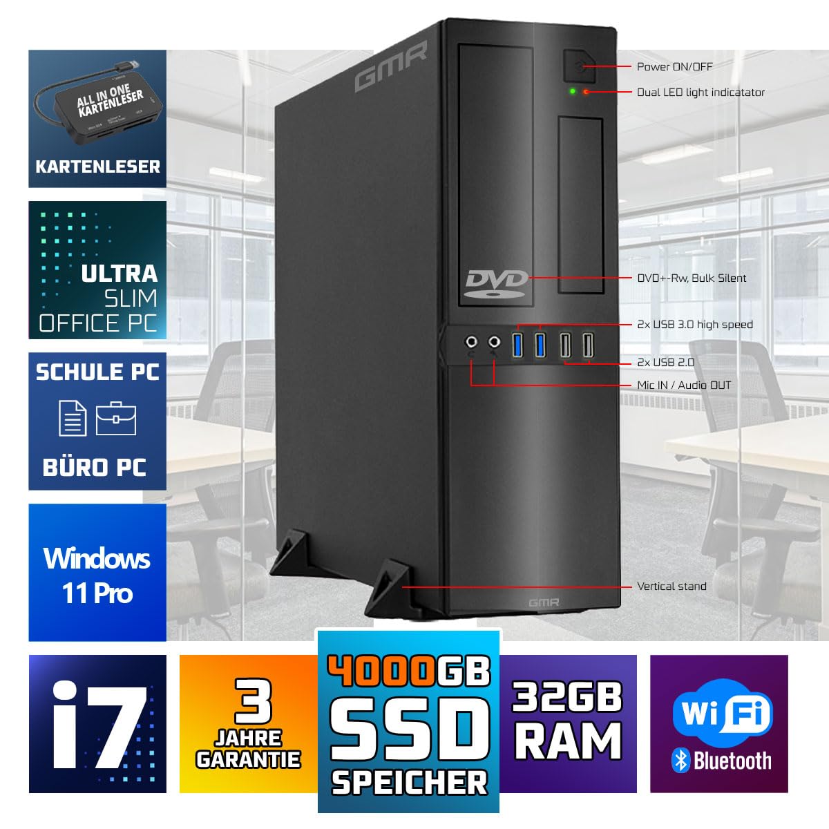 GMR Ultra Slim i7 Office PC, Computadora de Oficina de Negocios, garantía de 3 años, 32 GB RAM, 4000 GB SSD, DVD±RW, USB 3, Windows 11 Prof, WiFi Bluetooth