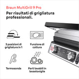 Braun MultiGrill 9 Pro CG 9160, Plancha Eléctrica con 2 Termostatos Independientes, 3 Posiciones de Cocinado, Placas Lavables en Lavavajillas, Sonda Térmica Integrada, 2200 W, Negro/Acero Inoxidable
