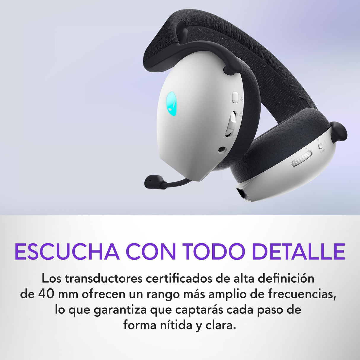 Alienware Auriculares Gaming Inalámbricos Tri-Mode - Dolby Atmos, Doble Micrófono IA, 30H de Batería, Controles Táctiles, Triple Conectividad, AlienFX RGB- Lunar Light