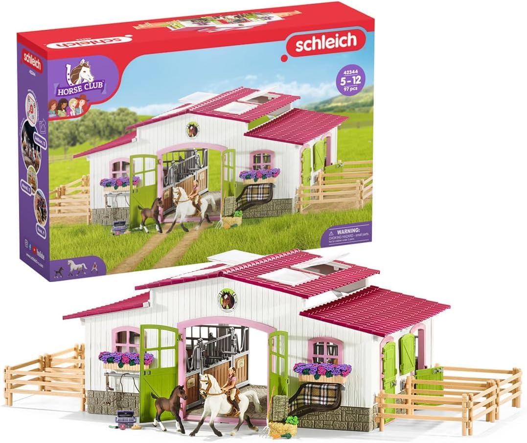Schleich 42344 Horse Club Establo con Jinete y Caballos, Juego de 97 Piezas con 2 Figuras de Caballos, Figura del Jinete y Muchos Accesorios, Juguete para niños a Partir de 5 años