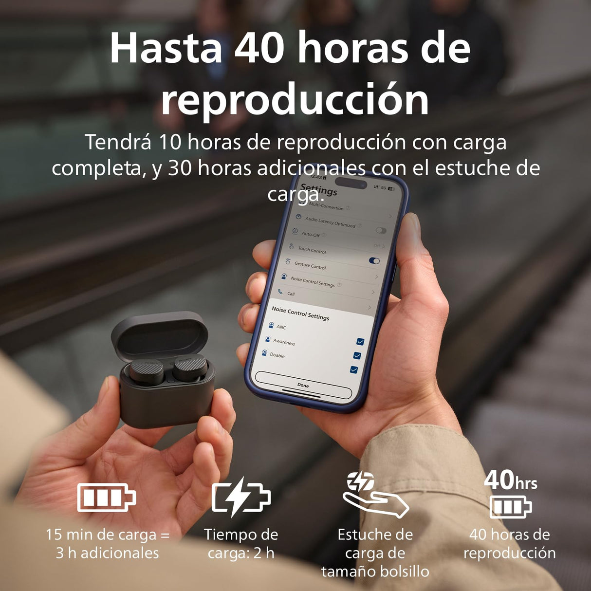 Philips TAT5000BK Auriculares pequeños in Ear Bluetooth Cancelación Ruido True Wireless - Graves dinámicos, Estuche de Bolsillo, 40 h reproducción, Llamadas claras, Desplazamientos o Deporte - Negro