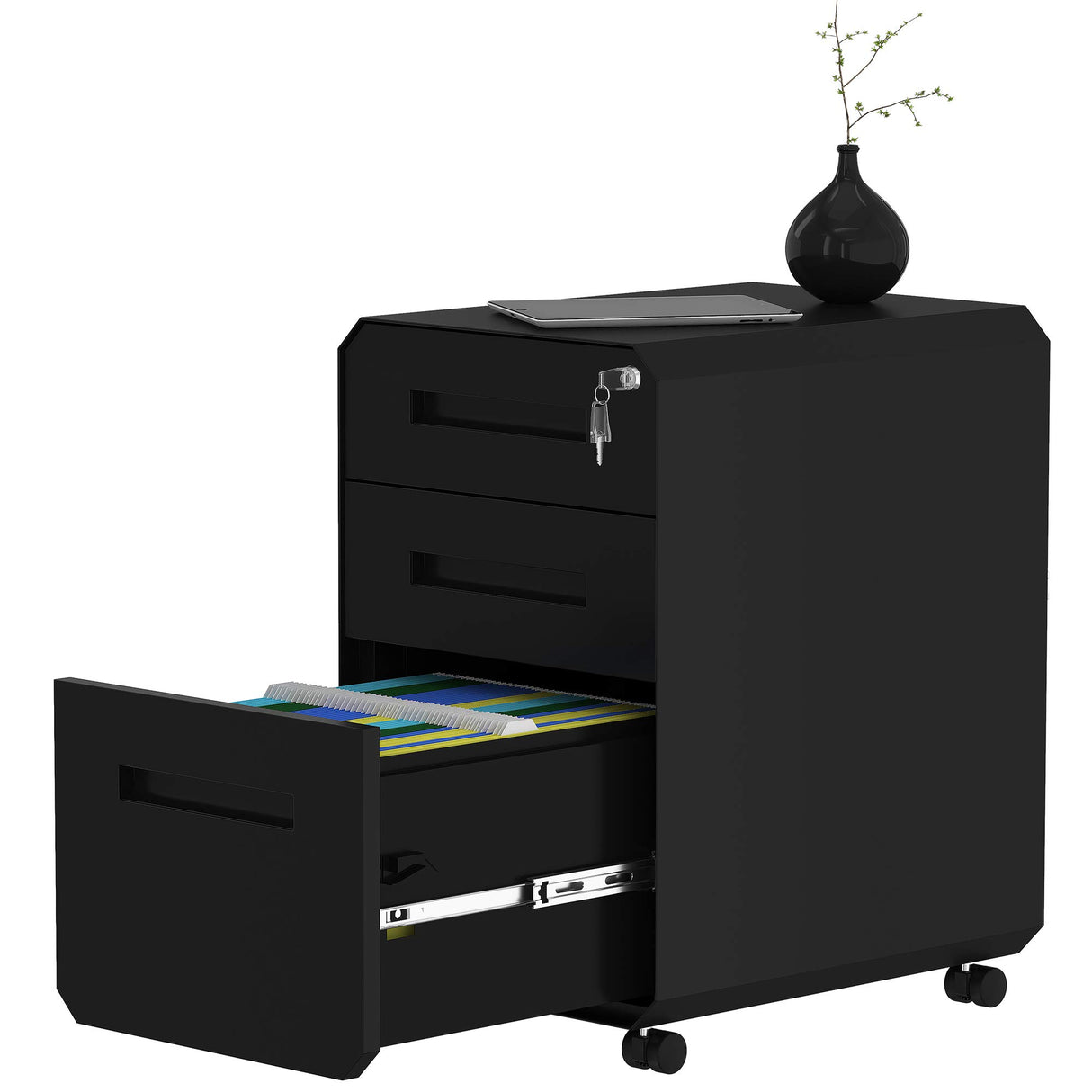 YITAHOME Armario Archivador con 3 Cajones, Cajonera de Oficina Móvil con Ruedas, Metalico Mueble Oficina Archivador con Cerradura y Llave para Carta/A4, Negro, 51 x 40 x 64cm
