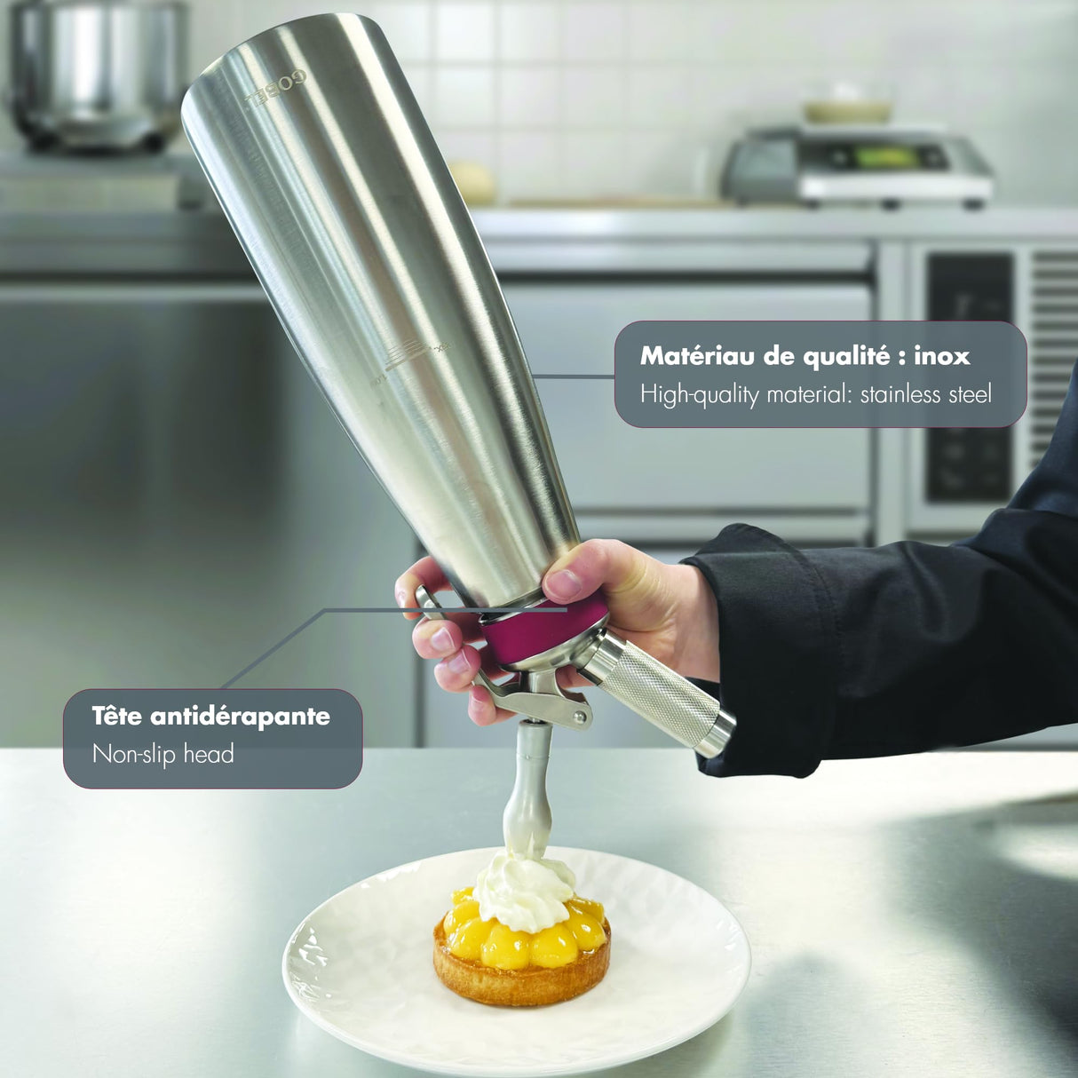 GOBEL - Sifón para la cocina profesional de acero inoxidable - Sifón para montar nata con recipiente y cabezal de acero inoxidable - 1 litro - Calidad profesional (cumple la norma NF D21-901)