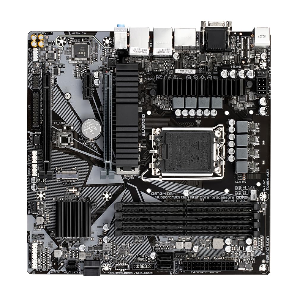 GIGABYTE Q670M D3H Placa Base - Compatible con procesadores Intel Core 14th CPUs, 6+1+1 Phases Hybrid Digital VRM, up to 5600MHz DDR5 (OC), 2xPCIe 4.0 M.2, 2.5GbE LAN, USB 3.2 Gen 2