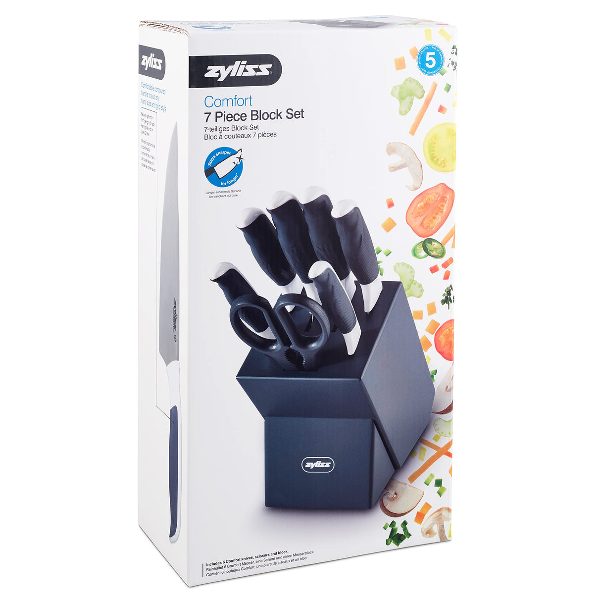 Zyliss E920263 Comfort Juego de Cuchillos de Cocina 7 Piezas, Acero Inoxidable Japonés, Mango Gris/Blanco, Set de Cuchillos Cocina con Portacuchillos, Apto Para Lavavajillas