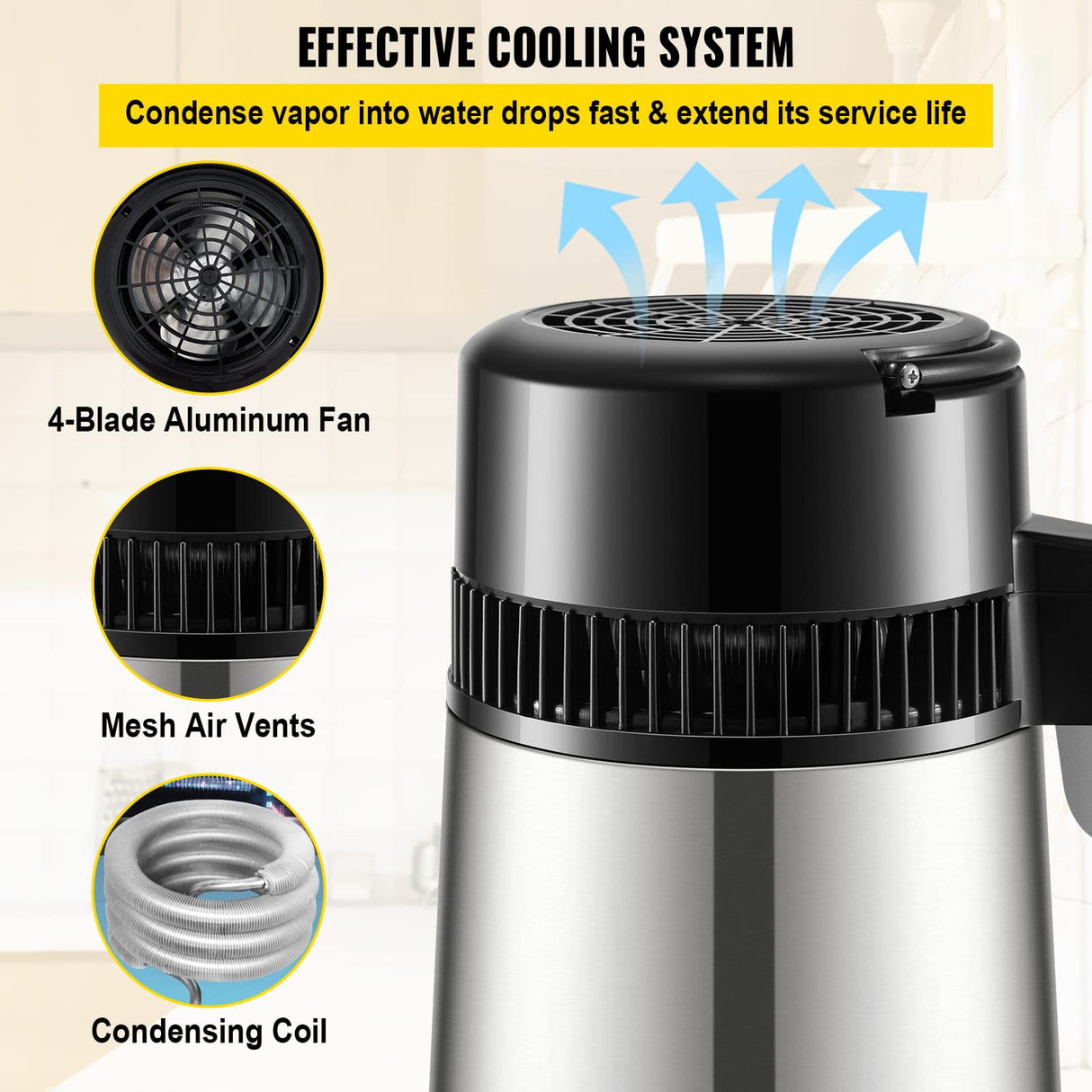 VEVOR Destilador de Agua 4L Filtro de Destilación de Agua con Recipiente de Vidrio 750 W 1 L/H Ajuste de Velocidad, Destilación Filtro Purificador de Acero Inoxidable Temperatura Doble 7,9lbs, Plata