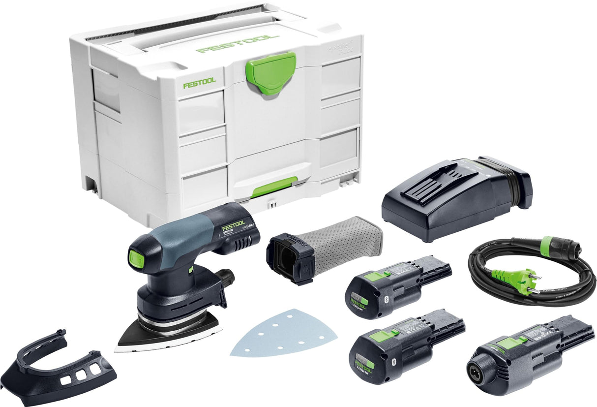 Festool Lijadora delta inalámbrica DTSC 400 3,0 I-Set (con baterías BP 18 Li 3,0, cargador rápido, adaptador de red (incluye cable de alimentación Plug IT), zapata, protector, bolsa de recogida de