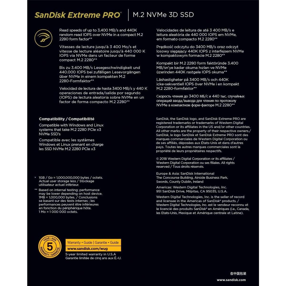 SanDisk Extreme Pro 500 GB M.2 NVMe 3D SSD, Negro (SDSSDXPM2-500G-G25)