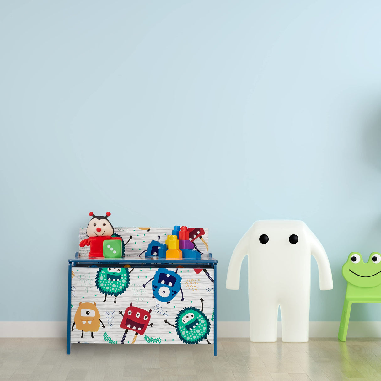 Relaxdays Caja Juguetes Diseño Monstruos, Baúl Infantil Almacenaje con Tapa, Arcón Niños, 50x60x36,5cm, MDF, Azul/Blanco, Tablero de Fibras
