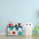 Relaxdays Caja Juguetes Diseño Monstruos, Baúl Infantil Almacenaje con Tapa, Arcón Niños, 50x60x36,5cm, MDF, Azul/Blanco, Tablero de Fibras