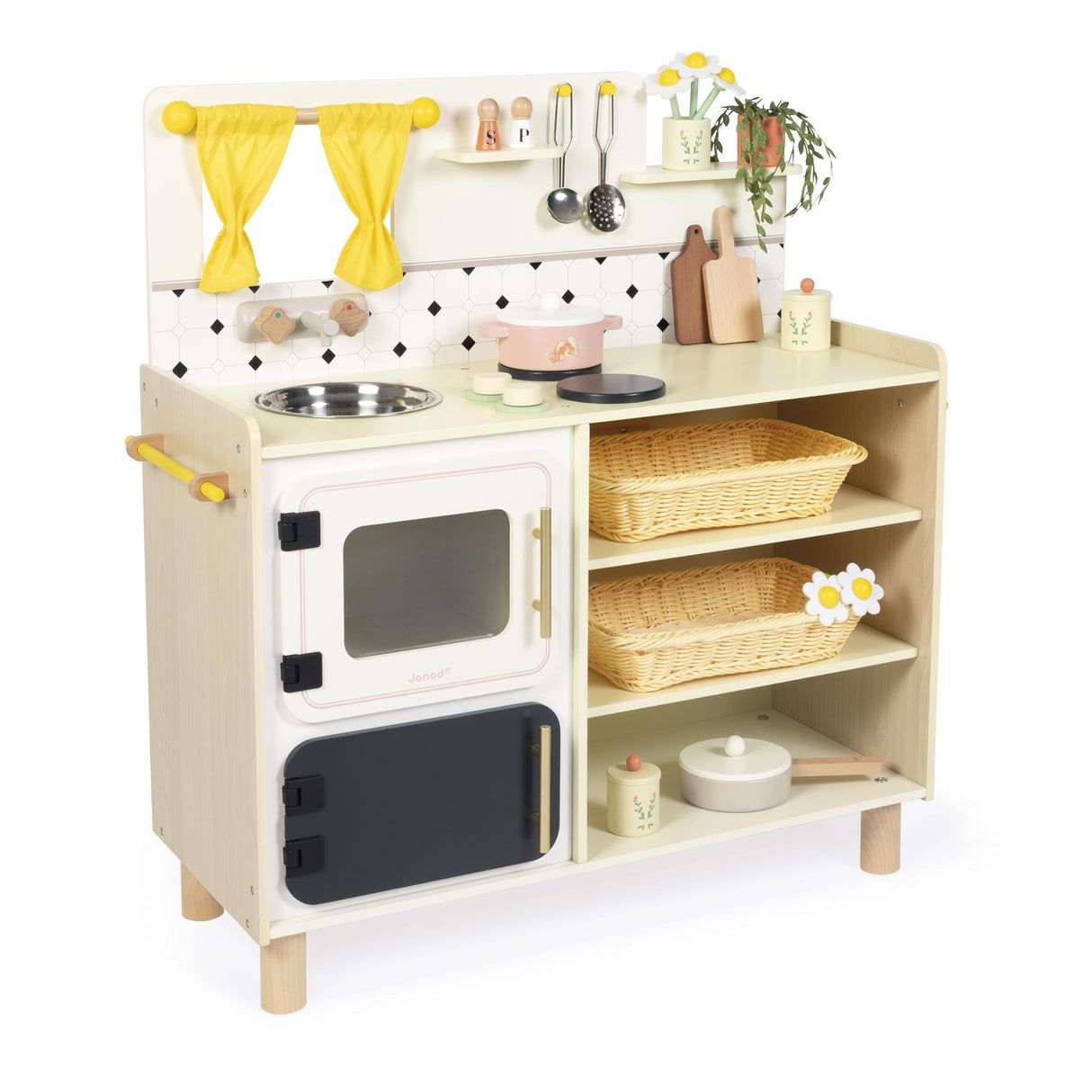 Janod - Gran Cocina Infantil de Madera - Equipada con 2 Hornos, Fregadero y 16 Accesorios Incluidos - Botones Sonoros Giratorios - Juguete de Imitación y Aprendizaje Temprano - A Partir de 2 años