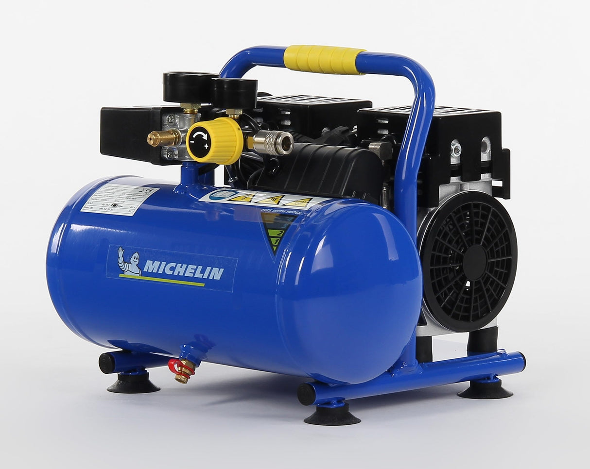 MICHELIN Compresor de aire portátil silencioso MX 6/1, compresor de aire exento de aceite, presión máxima 8 bar, potencia 1 CV, depósito de 6 litros, ruido 58 dB LpA