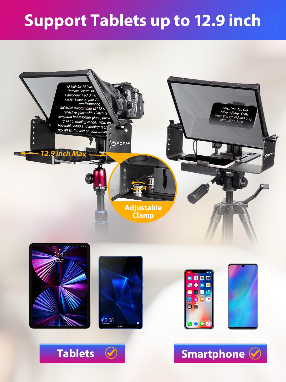 Moman MT12 Teleprompter Metálico de 12,9 Pulgadas, con App Remota y Control Remoto, Soporte Ajustable - Compatible con iPad, iPhone, Tabletas, Smartphones y Cámaras DSLR