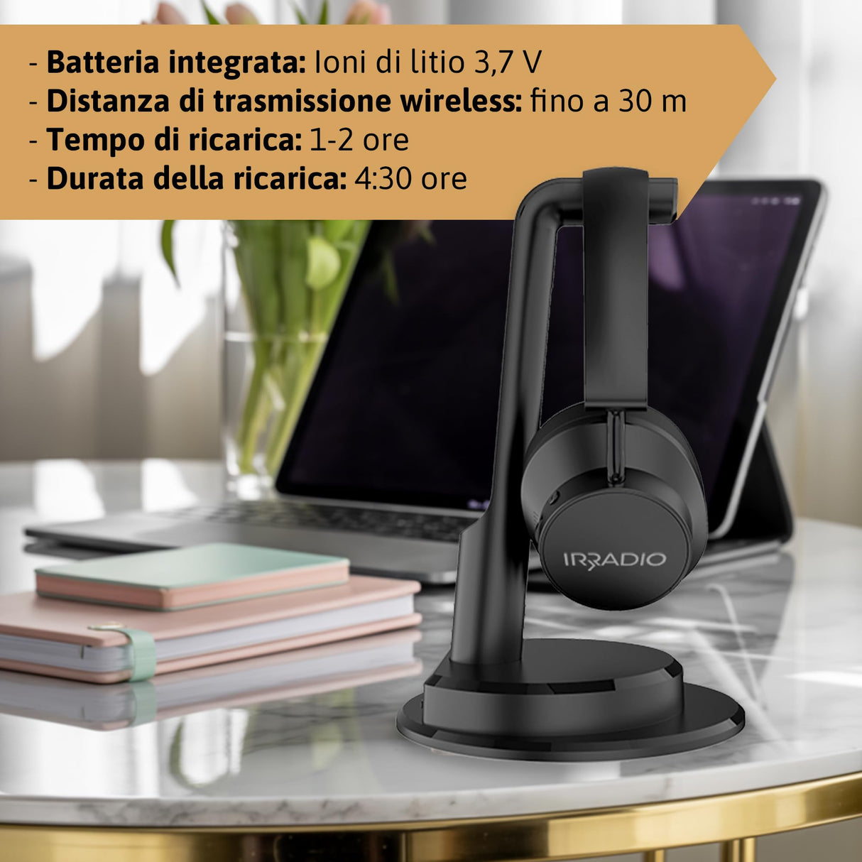 IRRADIO IR-SIGMA PLUS, Juego de auriculares inalámbricos BT para TV, música y juegos. Audio inmersivo, ecualización selectiva, modo BT o cableado, escucha compartida, distancia de transmisión hasta 30