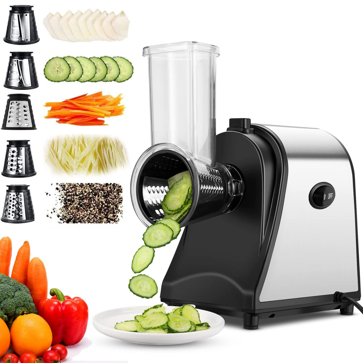 Meykey Cortador Eléctrico de Frutas y Verduras de Acero Inoxidable, 250 W, 5 Cuchillas Cónicas