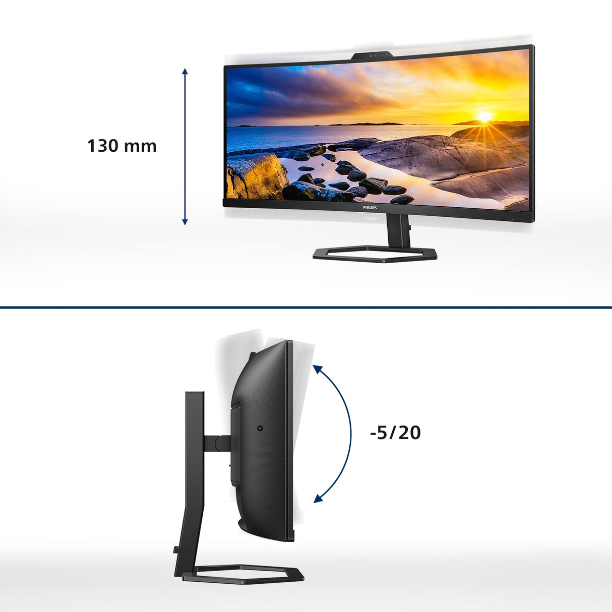 Philips 34E1C5600AM - Monitor Curvo WQHD de 34 Pulgadas, Webcam, Altura Regulable, Altavoz (3440x1440, 100Hz, HDMI, DisplayPort, USB-C, USB Hub) Negro
