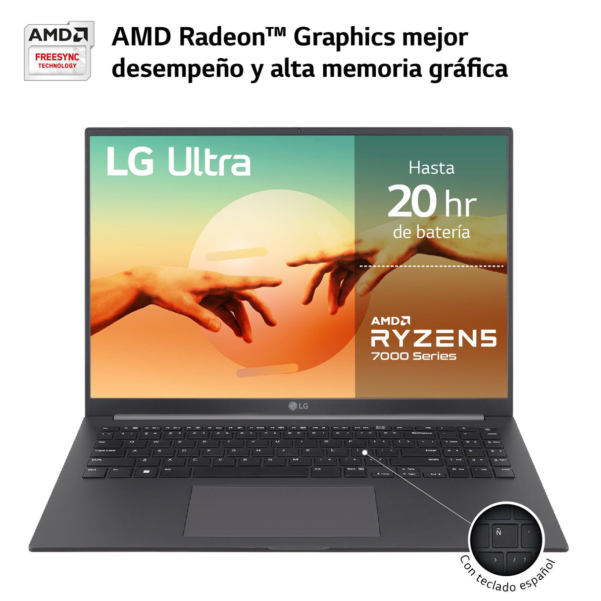 LG Ultra 16UD70R-G.AX59B - Ordenador Portátil, 16 Pulgadas, 16:10 IPS, Sin Sistema Operativo, Ryzen R5, 16 GB RAM, 1TB SSD, 1.6Kg, Hasta 20 Hr de Autonomía, Color Gris Carbón
