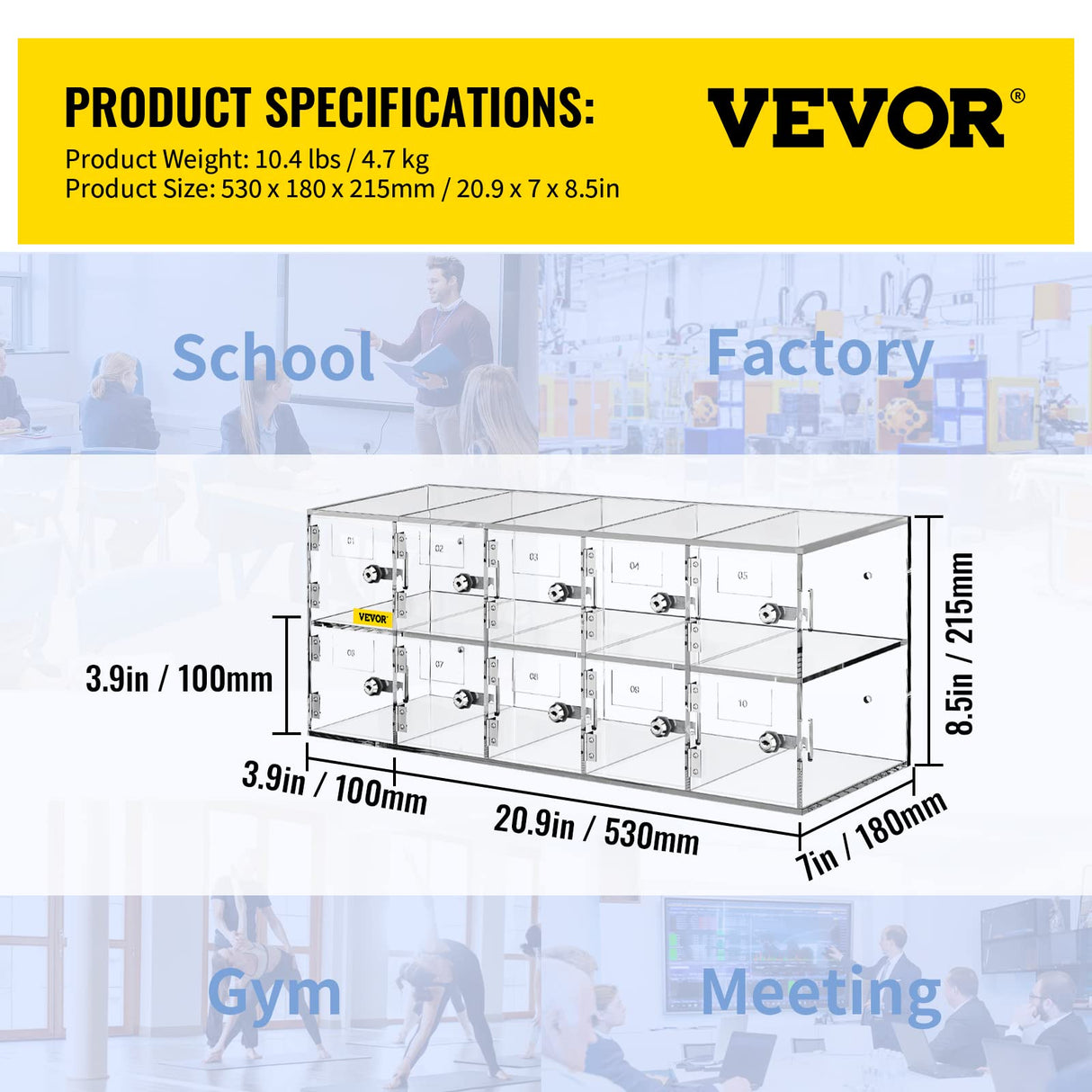 VEVOR Armario de Almacenamiento para teléfono móvil Cabina telefónica de acrílico con Cerradura 10 Ranuras 53x18x21,5 cm gabinete de Almacenamiento para teléfono con Llaves para Sala de reunión, Aula