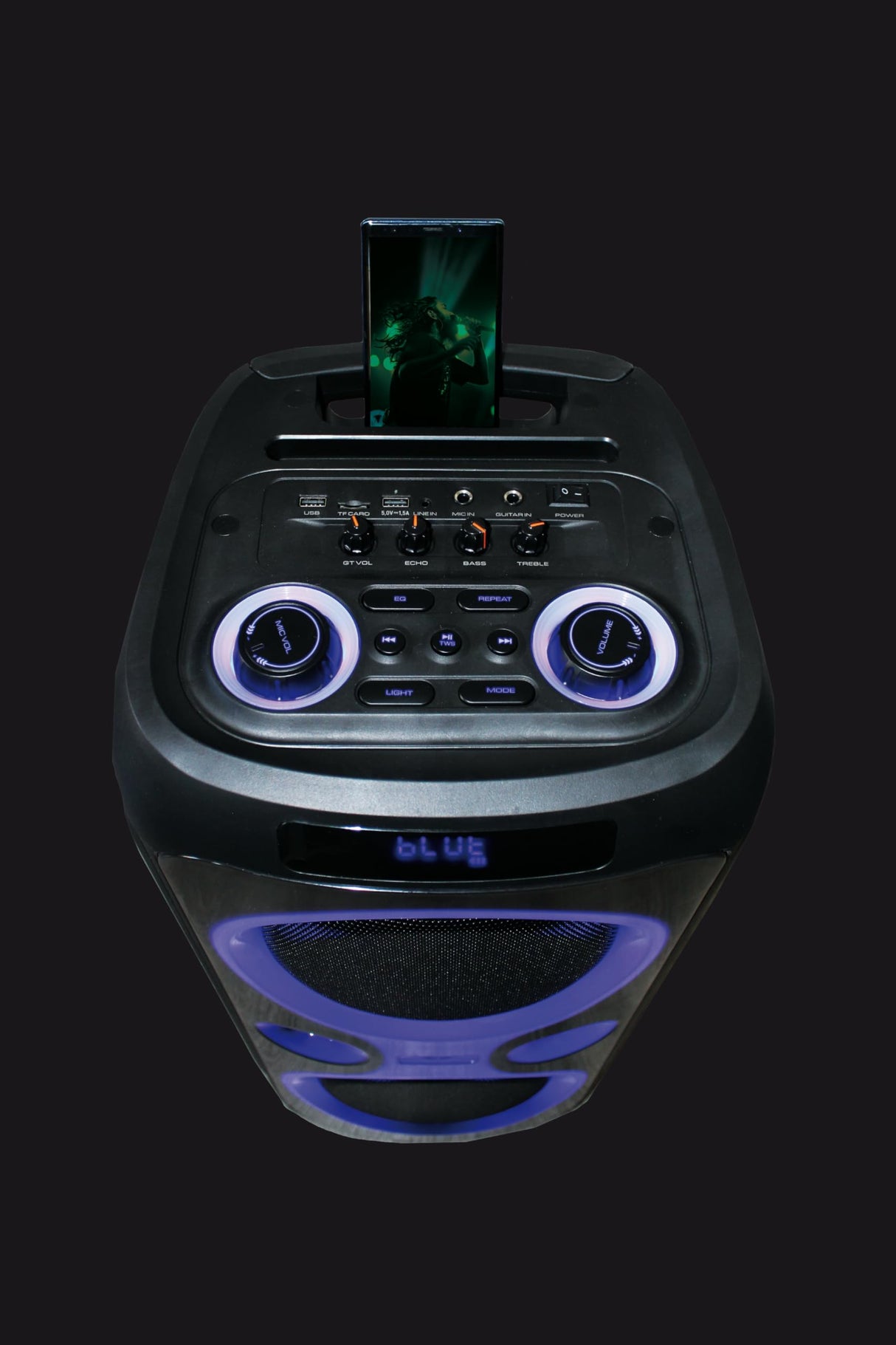 R-MUSIC - Roller Box - Altavoz High Power - 7h de autonomía, Luces y música en Ritmo - Karaoke y Guitarra - Puerto USB, AUX, Micro SD y función de Radio - Mango y Ruedas